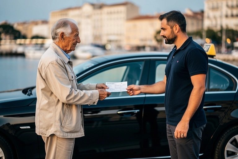 ald tiers payant transport sans avance frais marseille v1 Un homme âgé remet un chèque près d’une voiture
