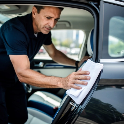 chimio protocoles sanitaires taxi medical marseille v2 Homme nettoyant l'intérieur d'une portière de voiture