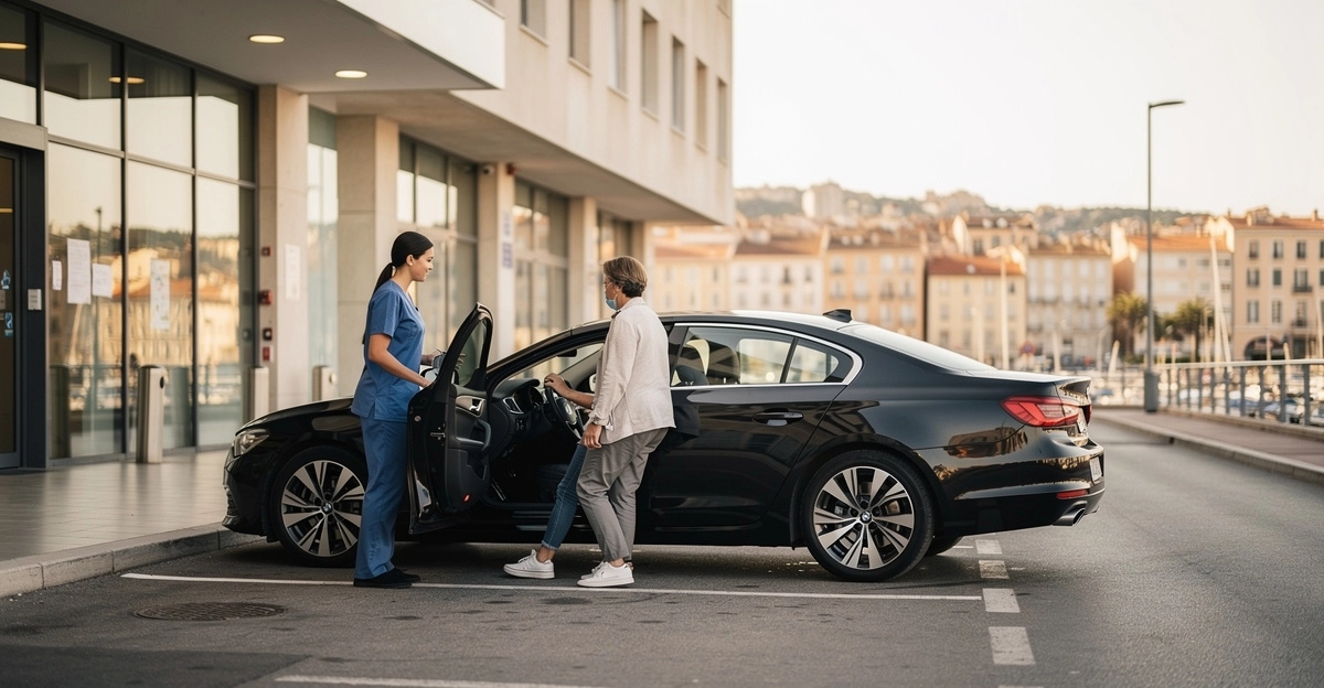 consultation medicale taxi partage marseille v2 Soignante aidant une patiente à monter en voiture