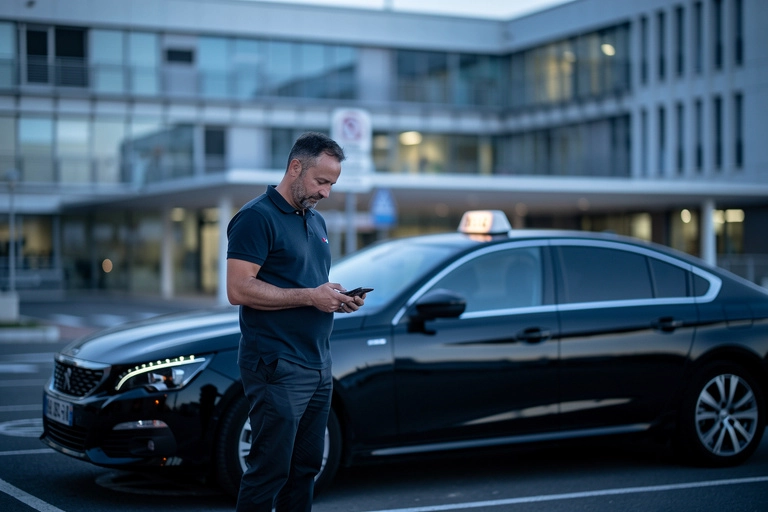 dialyse centres marseille taxi conventionne desservis v3 Homme regardant son téléphone près d’un taxi noir