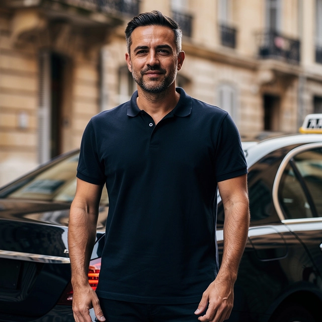 region sud taxi expertise cpam marseille 10 ans v1 Homme devant un taxi noir en ville.