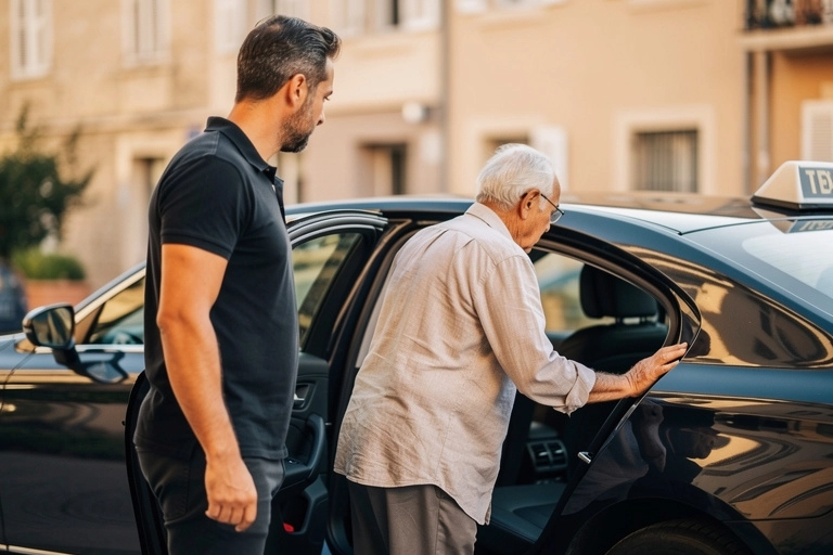 taxi aide mobilite chauffeur pmr aubagne v2 Homme âgé aidé pour entrer dans une voiture