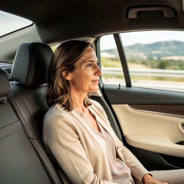Femme assise à l’arrière d’une voiture