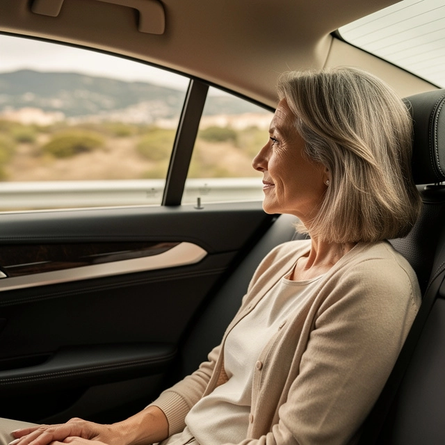 Femme assise à l’arrière d’une voiture