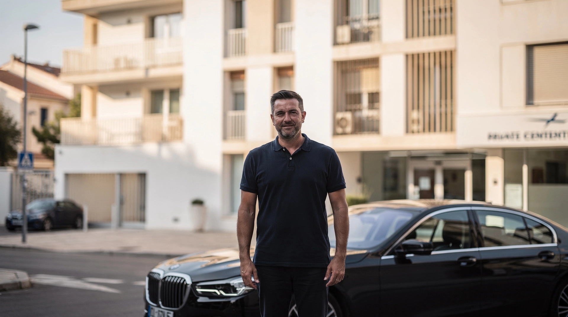 taxi clairval berline clinique marseille 13009 v3 Homme devant immeuble moderne et voiture noire