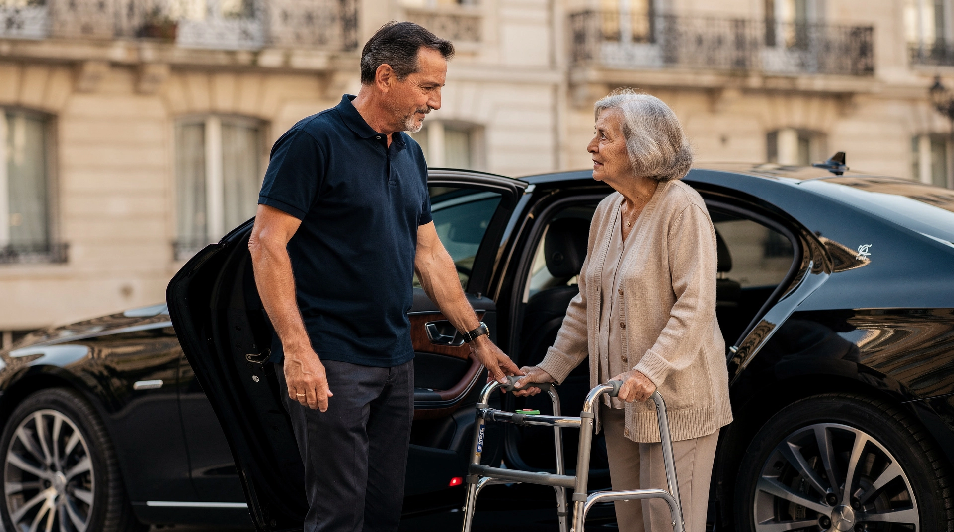 taxi fauteuil roulant berline pmr marseille v1 Homme aide femme âgée à sortir voiture