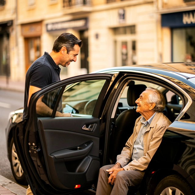 taxi hemodialyse chauffeur attittre marseille v2 Homme aidant une personne âgée à entrer en voiture