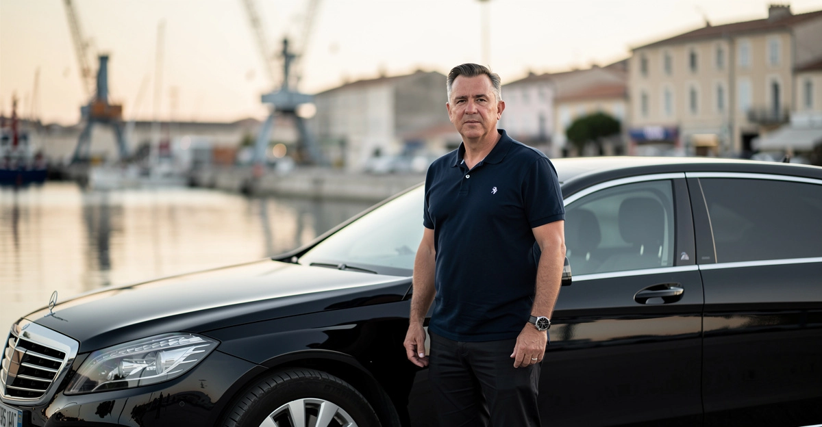 Homme près d'une berline noire au port