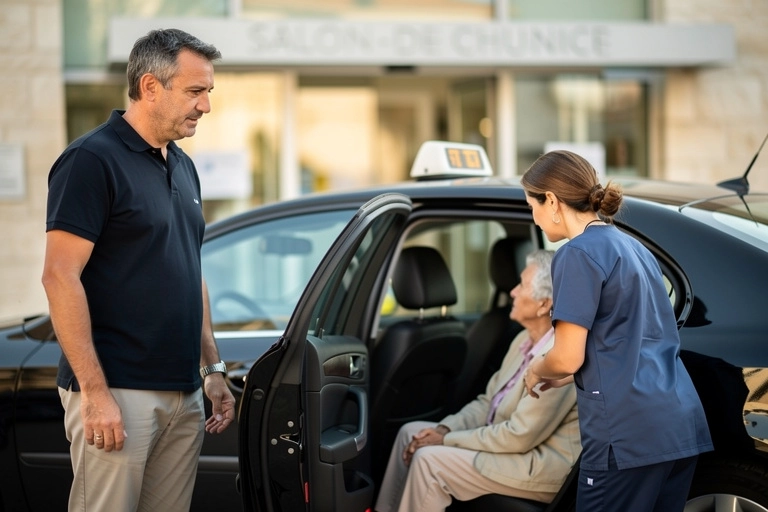 taxi sortie hopital retour ehpad salon de provence v1 Aide-soignante aide une personne âgée dans un taxi