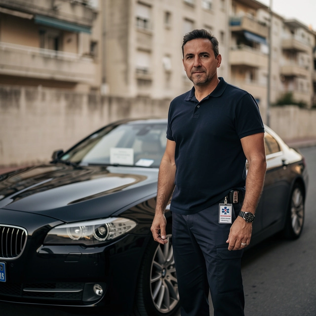 transport cpam arrondissements nord marseille v1 Homme debout près d'une berline noire en ville