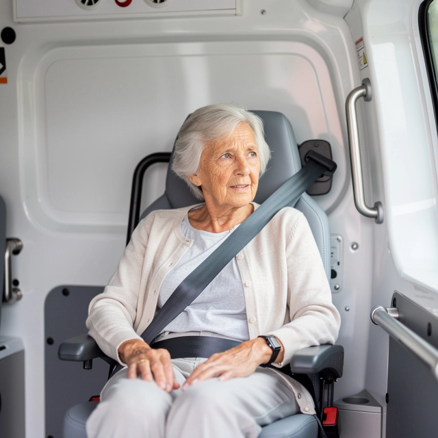 vsl transport sanitaire leger patient marseille v1 Femme âgée assise dans une ambulance attachée.